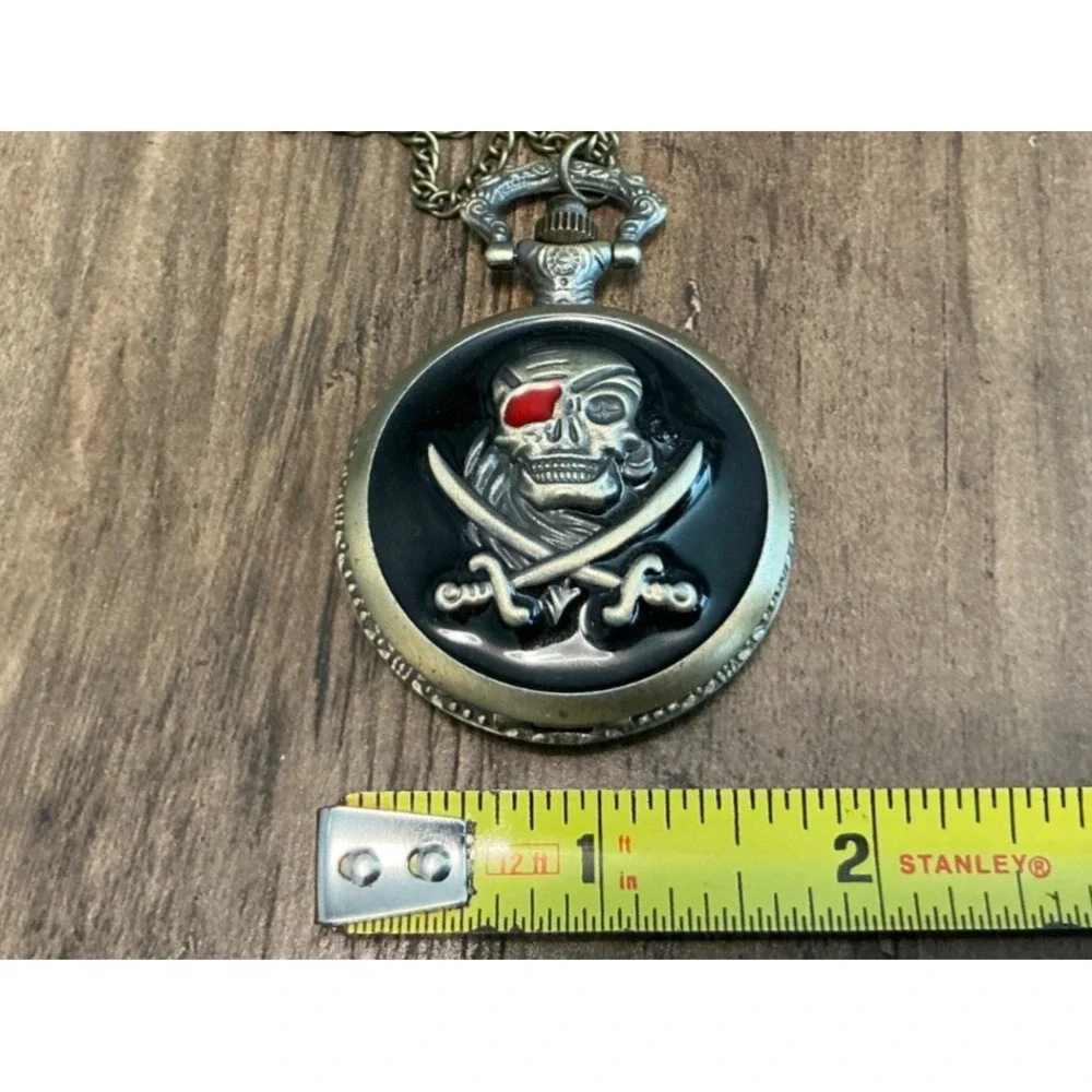 Pocket Watch Skull and Cross Swords Pirate Antiqued goldtone Enamel with Chain